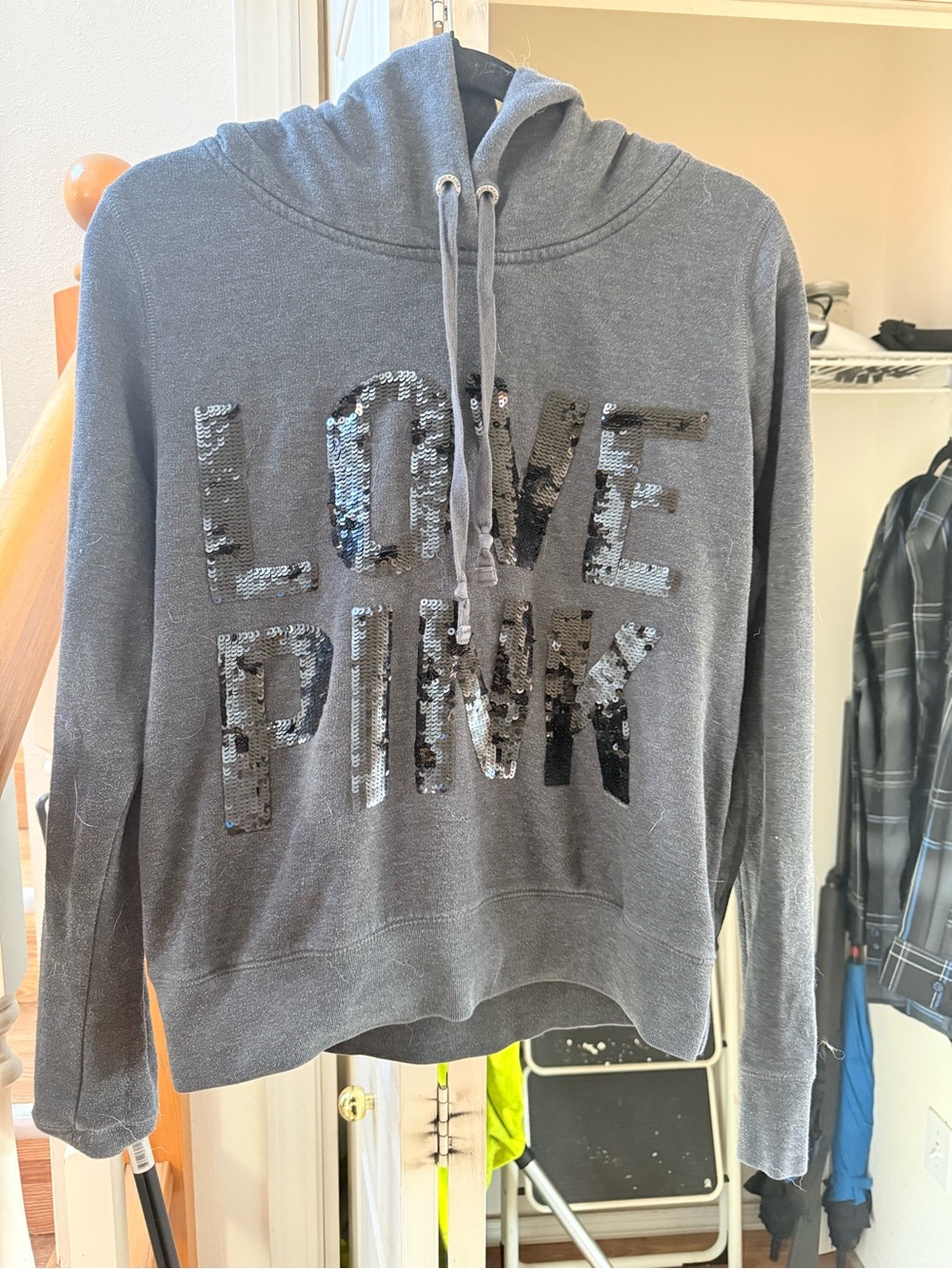 PINK Victoria's Secret Gray Sequin 'LOVE PINK' Hoodie